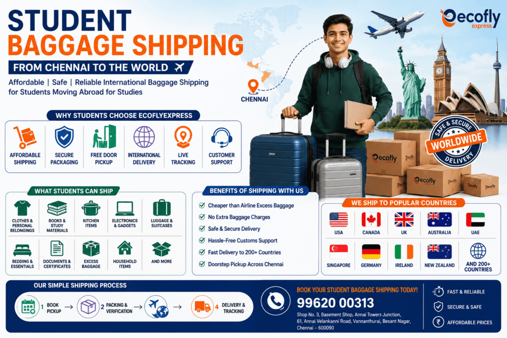 Affordable international student baggage shipping from Chennai with secure packing, free pickup, live tracking, and worldwide delivery support by EcoFlyExpress.